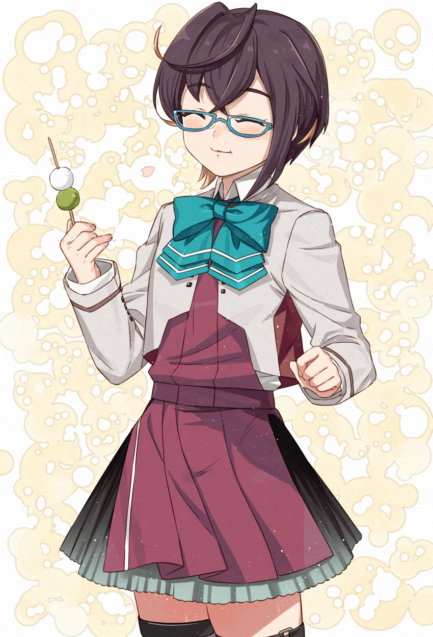 1girl absurdres aqua_bow aqua_bowtie bangs blush bow bowtie brown_hair closed_eyes crossed_bangs dango dress eating food glasses grey_jacket hair_between_eyes highres holding holding_food jacket kanmiya_shinobu kantai_collection multicolored_hair okinami_(kancolle) okinami_kai_ni_(kancolle) purple_dress sanshoku_dango short_hair simple_background solo thighhighs wagashi