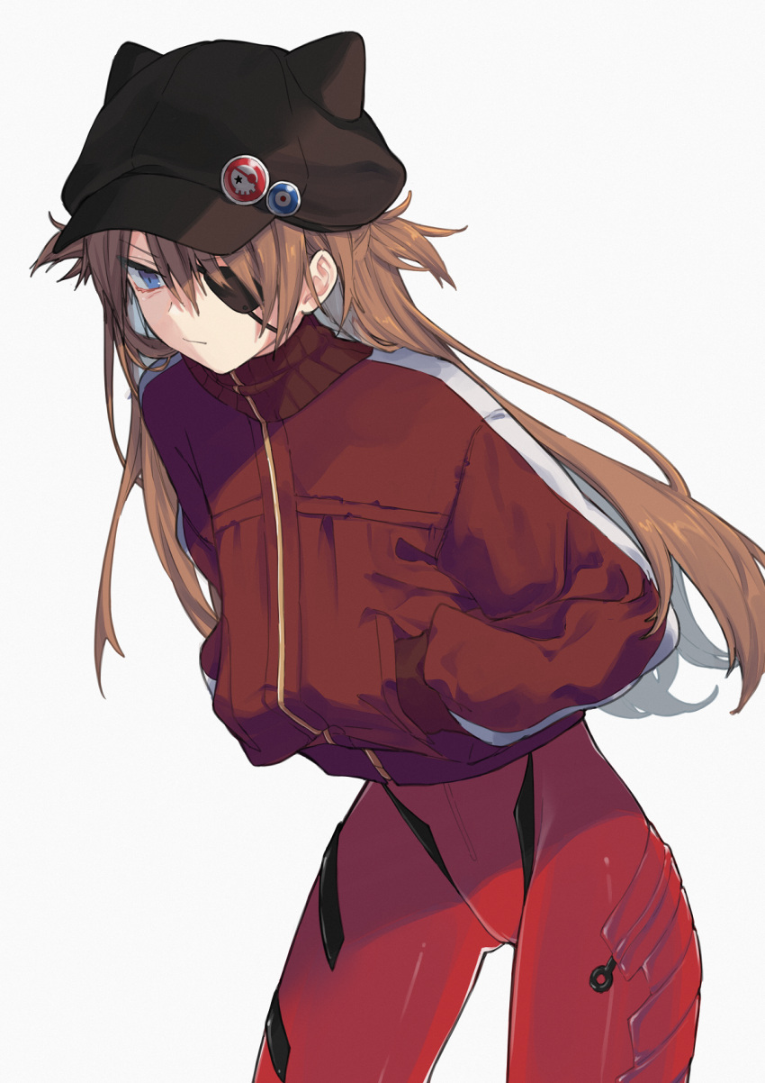 1girl animal_hat bangs blue_eyes bodysuit cat_hat closed_mouth evangelion:_3.0_you_can_(not)_redo eyepatch frown grey_background hair_between_eyes hands_in_pockets hat hat_ornament highres jacket long_hair long_sleeves mimelond neon_genesis_evangelion orange_hair pilot_suit plugsuit rebuild_of_evangelion red_bodysuit science_fiction sidelocks simple_background souryuu_asuka_langley