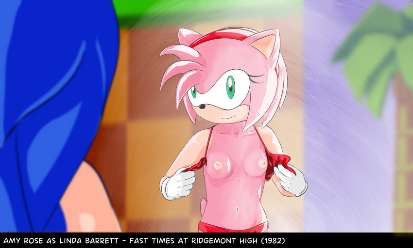 absurd_res amy_rose anthro bikini blue_body breasts clothed clothing duo eulipotyphlan exhibitionism female female_focus flashing flashing_breasts gloves green_eyes handwear hedgehog hi_res lettherebecolor male male/female mammal mobian_hedgehog navel nipples nipples_showing pink_body sega solo solo_focus sonic_the_hedgehog sonic_the_hedgehog_(series) swimwear teenager text topless topless_female undressing water young