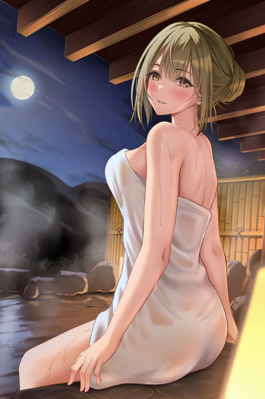 1girl absurdres bamboo_fence blurry blurry_foreground blush breasts depth_of_field fence green_hair hair_bun highres idolmaster idolmaster_shiny_colors kuwayama_chiyuki large_breasts looking_at_viewer moon naked_towel night night_sky onsen single_hair_bun sitting sky soaking_feet solo steam towel water_drop wet_towel yuro_(7_yuro)