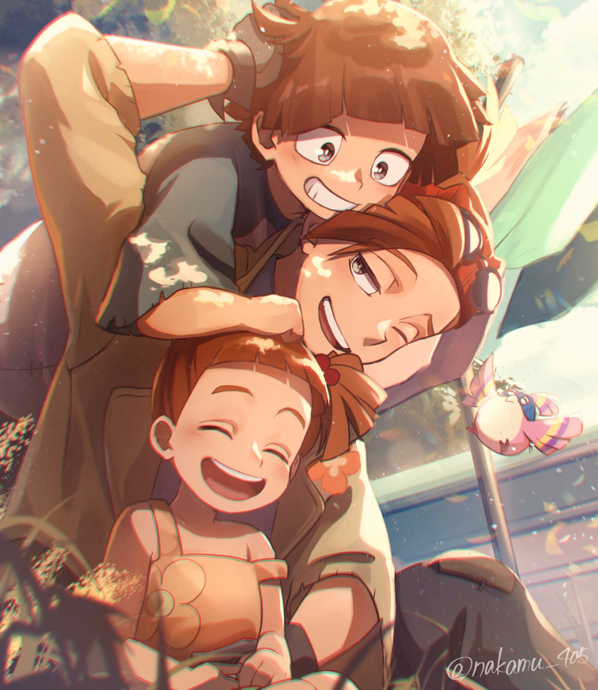 1girl 2boys ;d ^_^ ^o^ arm_rest arm_up bandana bangs bare_shoulders bird black_pants blue_sleeves blunt_bangs blunt_ends blush boku_no_hero_academia bowl_cut bright_pupils brown_hair building chromatic_aberration closed_eyes dappled_sunlight dress eyewear_on_head female_child floral_print flower gloves grass grey_gloves grin hair_pulled_back hand_in_another's_hair hand_on_another's_stomach happy head_on_head head_rest highres leaning_forward legs_together light_particles looking_at_another looking_down male_child multiple_boys nakamu_405 on_ground one_eye_closed orange_flower outdoors pants patch pino_(boku_no_hero_academia) pole raglan_sleeves raised_eyebrows red_bandana rody_soul round_teeth shirt side_ponytail sitting sitting_between_lap sleeveless sleeveless_dress smile spiked_hair standing strap_slip sunglasses sunlight t-shirt teeth tree twitter_username upper_teeth_only white_pupils white_shirt