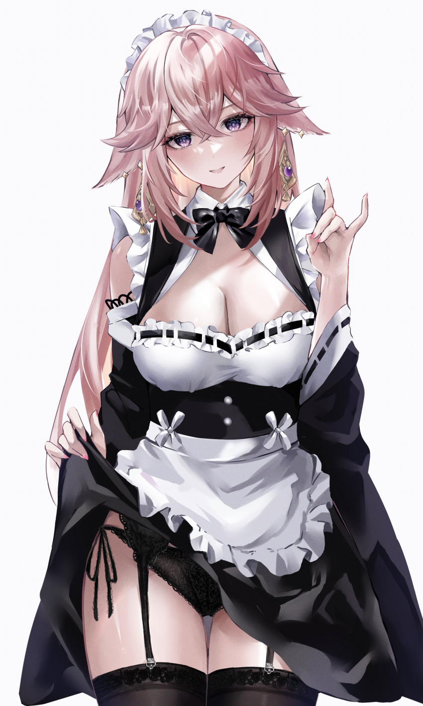 1girl absurdres animal_ears apron ass_visible_through_thighs bangs bare_shoulders black_bow black_panties black_thighhighs blush bow breasts cleavage cowboy_shot crossed_bangs earrings fox fox_ears fox_shadow_puppet garter_straps genshin_impact hair_between_eyes highres jewelry lace lace_panties large_breasts lifted_by_self light_smile long_hair looking_at_viewer maid maid_apron maid_headdress panties pink_hair purple_eyes side-tie_panties smile solo standing thigh_gap thighhighs thighs underwear white_background yae_miko yusura_xxx