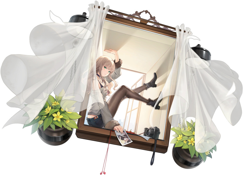 1girl absurdres azur_lane bare_shoulders black_bra black_footwear boots bra brown_hair camera closed_mouth flower full_body fur-trimmed_sleeves fur_trim green_eyes gridman_universe high_heels highres holding holding_photo jewelry kurumi_(recycllamo) long_hair looking_at_viewer minami_kano minami_yume minami_yume_(a_dream_upon_an_open_windowsill) necklace non-web_source official_alternate_costume official_art pantyhose photo_(object) plant short_shorts shorts sitting ssss.dynazenon transparent_background underwear