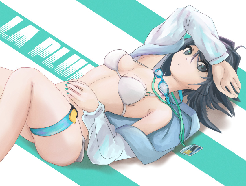 1girl absurdres aqua_nails arknights arm_up bare_shoulders bikini black_eyes black_hair commentary_request goggles goggles_around_neck highres jacket la_pluma_(arknights) la_pluma_(summer_flowers)_(arknights) lanyard nail_polish navel off_shoulder solo stomach superbeek4 swimsuit thigh_strap thighs white_bikini white_jacket