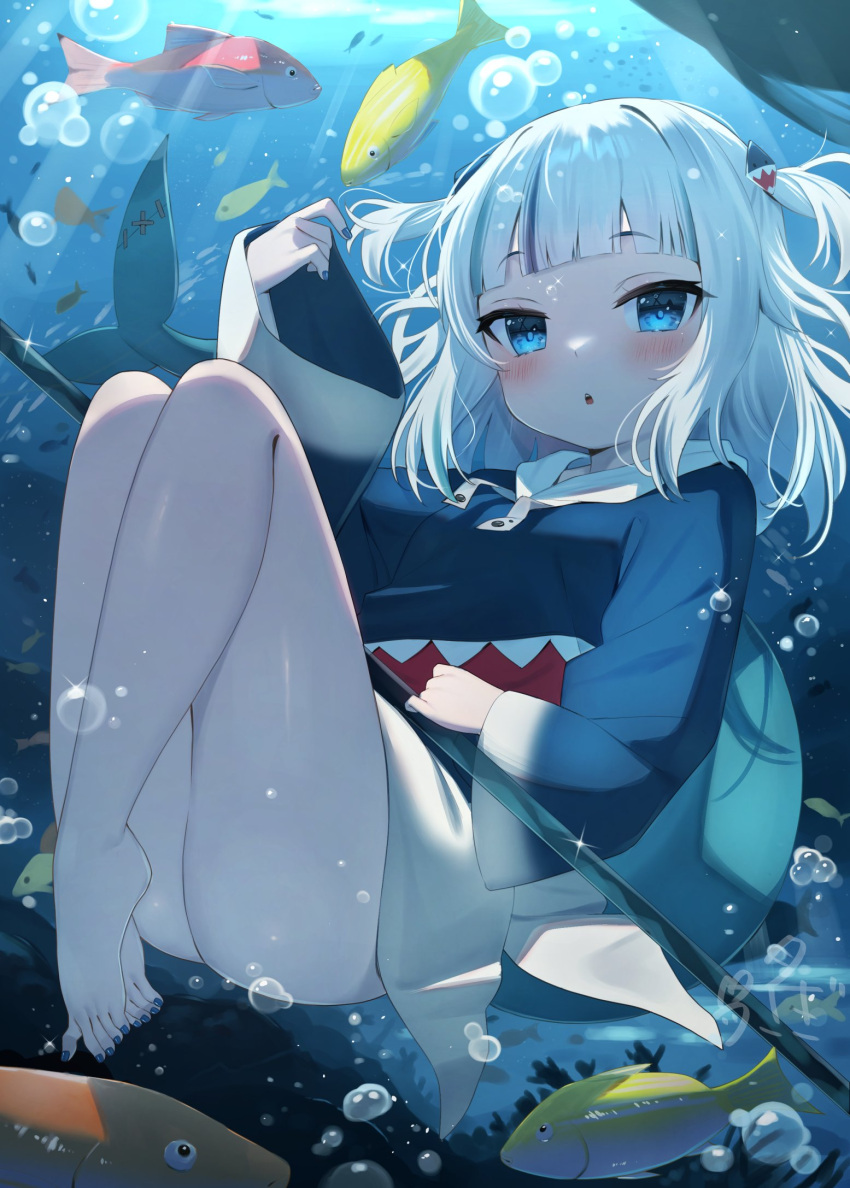 1girl air_bubble animal ass bangs bare_legs barefoot blue_eyes blue_hair blue_hoodie blue_nails blush bubble commentary fish full_body gawr_gura hair_ornament highres hololive hololive_english hood hood_down hoodie knees_up long_sleeves looking_at_viewer multicolored_hair nail_polish parted_lips polearm solo streaked_hair toenail_polish toenails tsukiman two_side_up underwater virtual_youtuber water weapon white_hair wide_sleeves