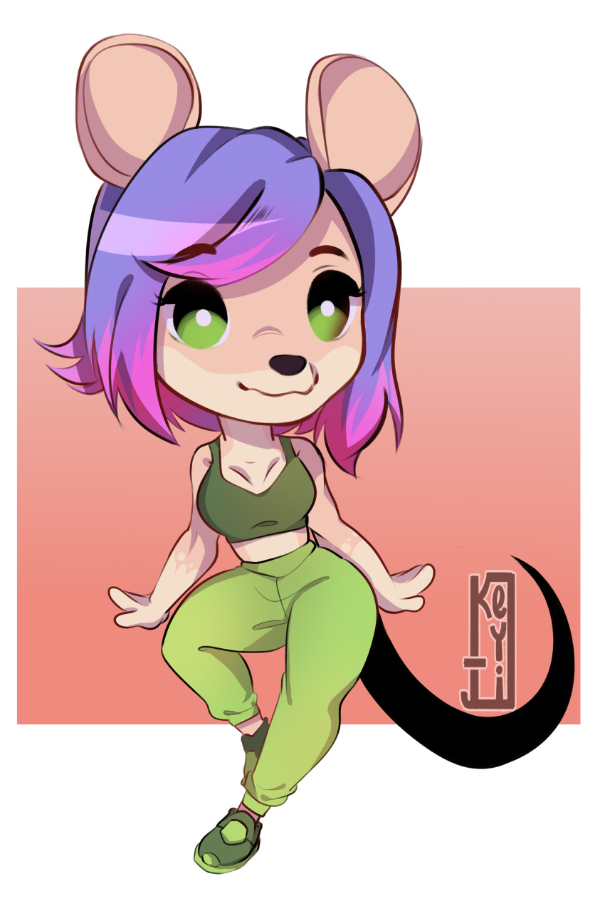 absurd_res anthro big_ears black_tail bra breasts chibi clothing female footwear fur ghostfire gradient_hair green_clothing green_eyes hair hi_res mammal mouse multicolored_body multicolored_fur murid murine pink_hair purple_hair rodent shoes simple_background sneakers solo sports_bra sweatpants taffyda_cellosa tail tan_body tan_fur two_tone_body two_tone_fur underwear