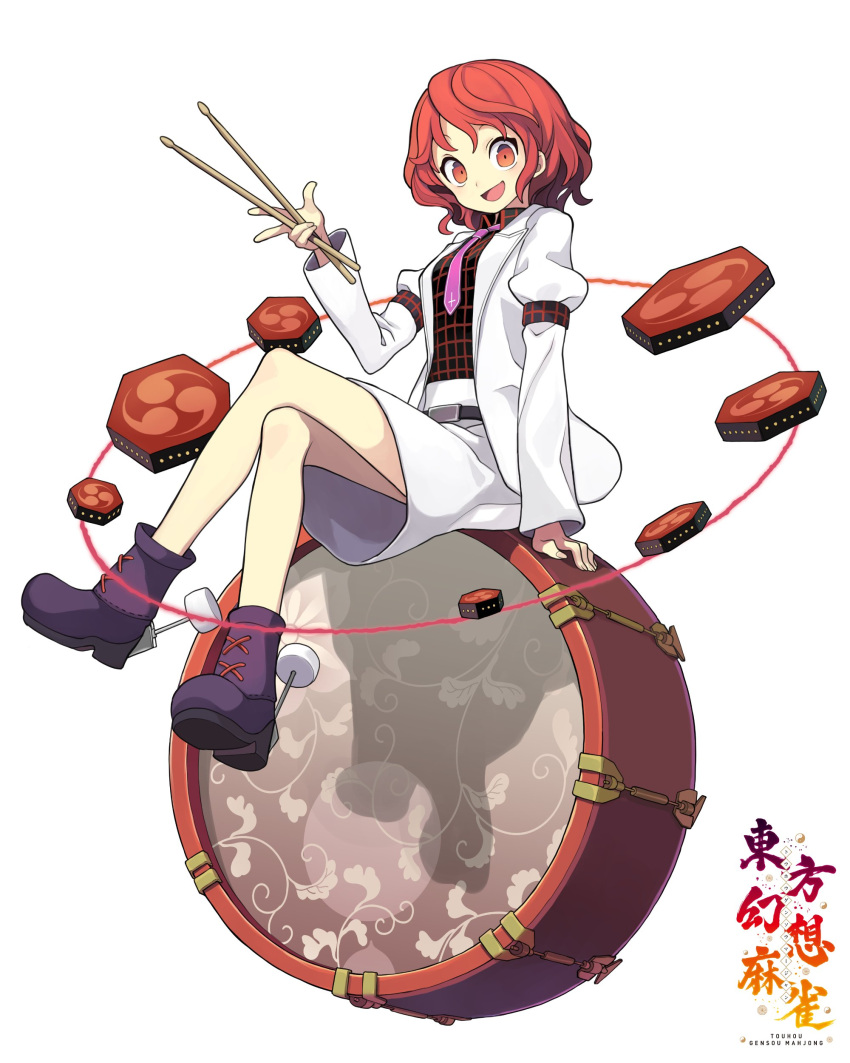 1girl absurdres black_footwear black_shirt blazer blush boots collared_shirt drum drumsticks full_body highres holding holding_drumsticks horikawa_raiko instrument jacket looking_at_viewer morino_hon necktie open_clothes open_jacket open_mouth purple_necktie red_eyes red_hair shirt short_hair simple_background skirt smile solo touhou touhou_unreal_mahjong white_background white_jacket white_skirt