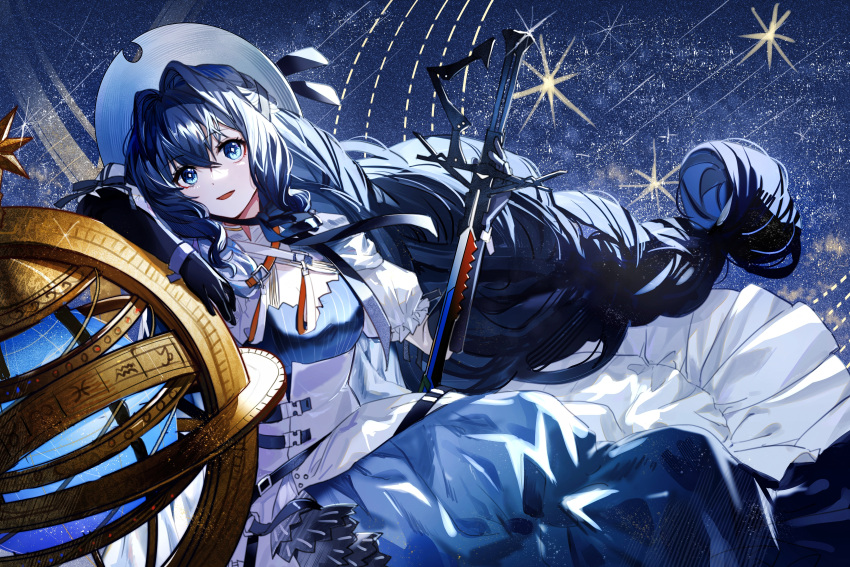 1girl :d absurdres arknights armillary_sphere astesia_(arknights) astesia_(starseeker)_(arknights) black_gloves blue_dress blue_eyes blue_hair bright_pupils buzhangyezideshu chinese_commentary commentary cowboy_shot diamond-shaped_pupils diamond_(shape) dress elbow_gloves floating_hair gloves hair_between_eyes hat highres holding holding_sword holding_weapon long_hair low-tied_long_hair official_alternate_costume open_mouth sky smile solo star_(sky) starry_sky sword symbol-shaped_pupils two-tone_dress very_long_hair weapon white_dress white_headwear white_pupils