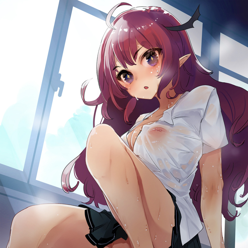 +_+ ahoge classroom covered_nipples from_below from_side heavy_breathing highres leg_up long_hair looking_at_viewer magrona magrona_channel no_bra no_panties pleated_skirt pointy_ears purple_eyes red_hair school_uniform shirt short_sleeves simple_background skirt sweat sweatdrop ukyo_rst wet wet_clothes wet_shirt white_shirt