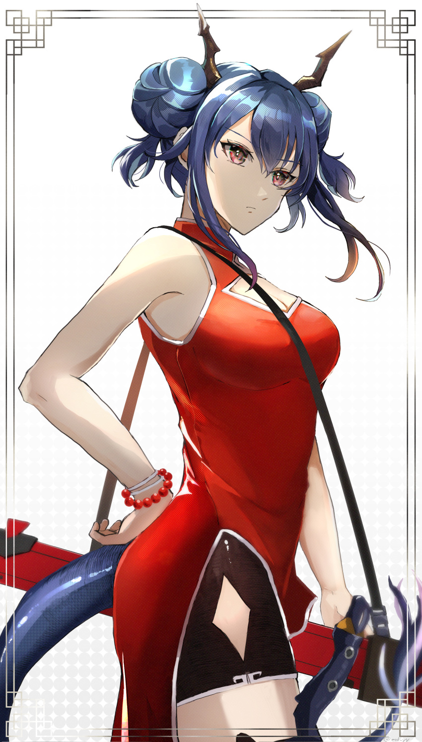 1girl absurdres arknights bare_arms bare_shoulders bead_bracelet beads blue_hair bracelet breasts ch'en_(ageless_afterglow)_(arknights) ch'en_(arknights) cleavage cleavage_cutout clothing_cutout commentary_request cowboy_shot double_bun dragon_horns dragon_tail dress esuda0919 hair_bun highres horns jewelry medium_breasts official_alternate_costume red_eyes short_hair sleeveless sleeveless_dress solo standing tail white_background