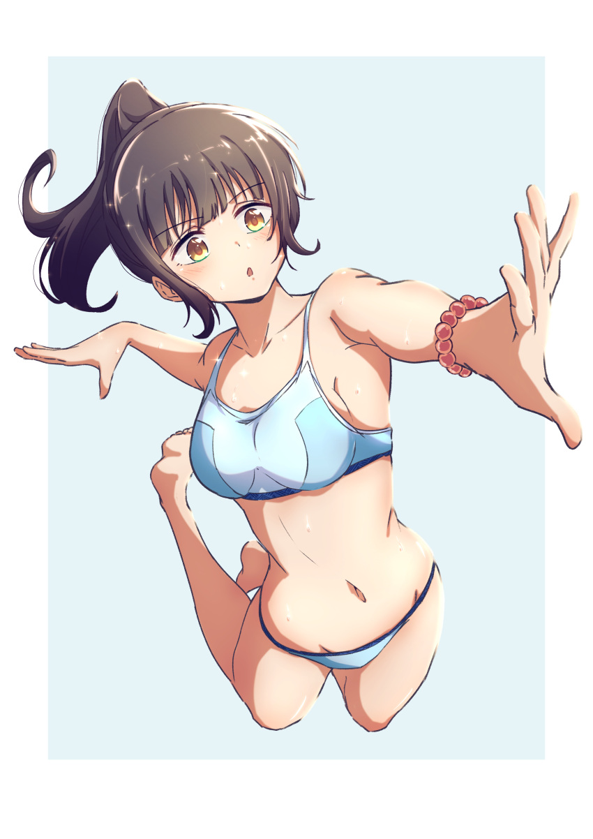 1girl :o absurdres armpits bangs barefoot bikini bikini_bridge blue_bikini blue_sky blush border bracelet breasts brown_eyes brown_hair chestnut_mouth collarbone commentary_request groin harukana_receive higa_kanata highres jewelry long_hair navel nijizuki_shino open_mouth outside_border ponytail sidelocks simple_background sky small_breasts solo sweat swimsuit white_border