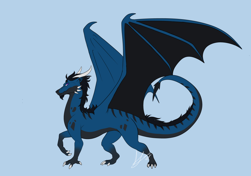 absurd_res ambiguous_gender black_body black_fur black_scales blue_background blue_body blue_scales claws curled_tail curved_horn dragon feral fur hair hi_res horn mane markings pose raised_leg scales scalie sexy_slugu simple_background solo spread_wings vulkaal wings