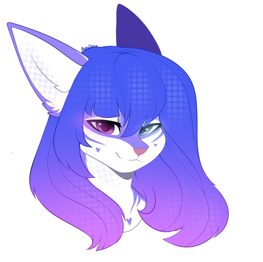 &lt;3 alphadesu anthro blue_horn canid canine female fox fur glowing glowing_eyes gradient_hair green_eyes hair heart_(marking) heterochromia hi_res horn inner_ear_fluff looking_at_viewer mammal purple_body purple_eyes purple_fur purple_hair smug solo tuft vivian_(mavis_delcat) white_body white_fur