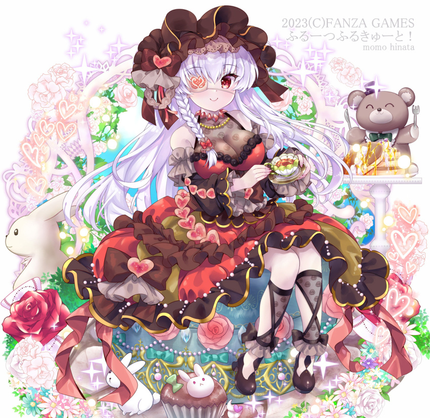 1girl animal bangs bare_shoulders black_footwear black_sleeves bonnet breasts brown_headwear character_request cleavage closed_mouth commission cup cupcake detached_sleeves dress eyepatch floral_background flower food fork frilled_dress frilled_sleeves frills fruits_fulcute! full_body hair_between_eyes heart high_heels highres hinata_momo holding holding_cup holding_saucer in_food knife long_sleeves macaron medium_breasts pantyhose pink_flower pink_rose rabbit red_dress red_eyes rose saucer shoes simple_background sitting smile solo sparkle stuffed_animal stuffed_toy teacup teddy_bear white_background white_flower white_hair white_pantyhose white_rose wide_sleeves