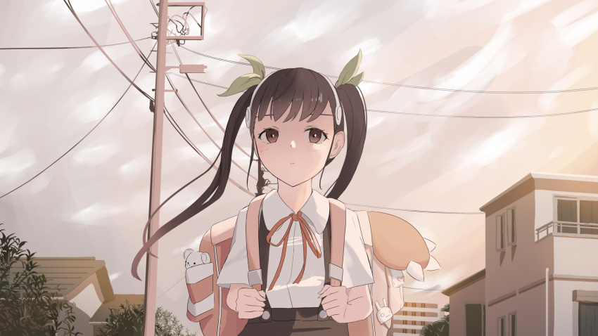 1girl backpack bag bakemonogatari black_hair black_skirt brown_eyes building cloud cloudy_sky collared_shirt commentary_request doran_(dorannomai) dress_shirt green_ribbon hachikuji_mayoi hair_ribbon highres holding_strap house long_hair monogatari_(series) neck_ribbon outdoors parted_lips power_lines red_ribbon ribbon shirt skirt sky solo suspender_skirt suspenders twintails utility_pole white_shirt window