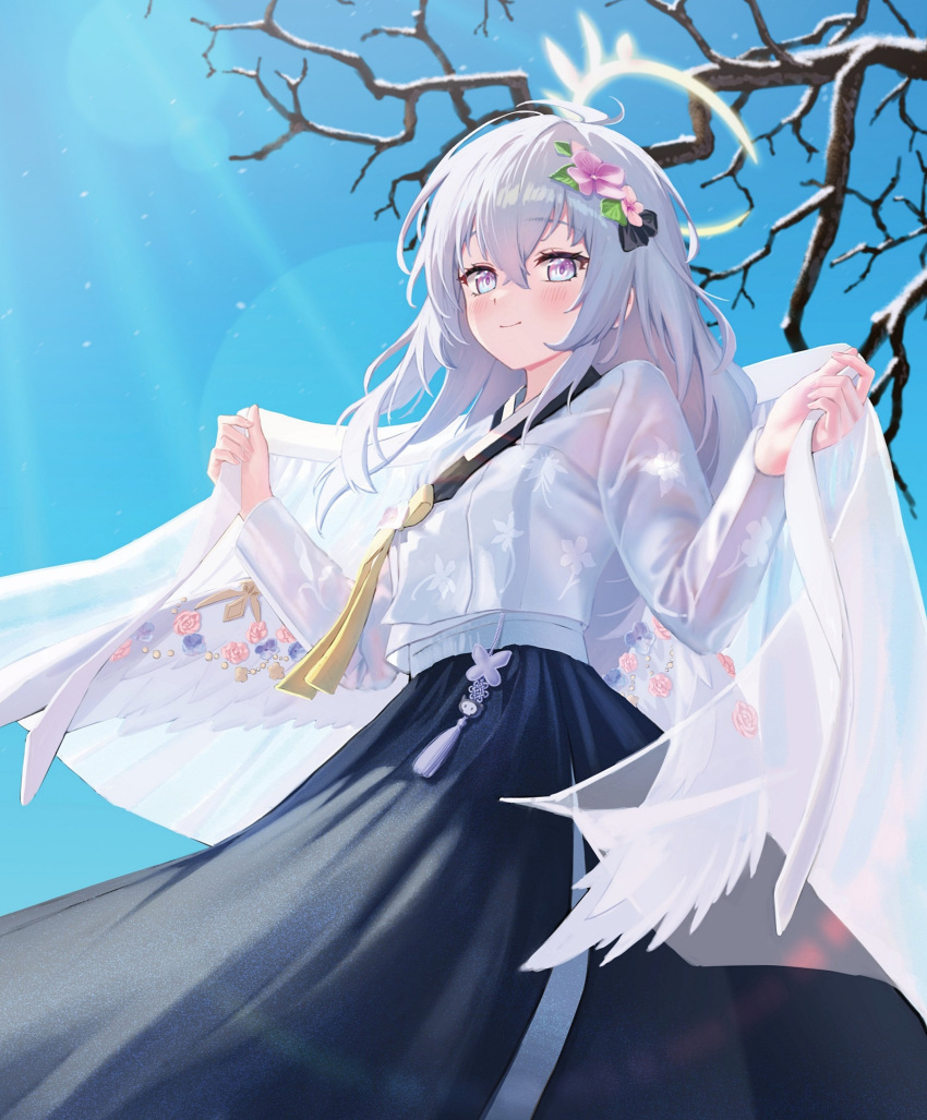 1girl absurdres angel_wings azusa_(blue_archive) bangs black_skirt blue_archive blue_sky blush crossed_bangs feathered_wings floral_print flower hair_flower hair_ornament halo hanbok highres korean_clothes long_hair long_sleeves looking_at_viewer low_wings pink_eyes pink_hair purple_flower see-through see-through_shirt shawl skirt sky smile solo supersugar white_hair white_hanbok white_shawl wings
