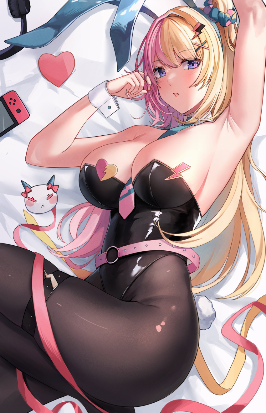 1girl absurdres animal_ears armpits belt black_pantyhose blonde_hair breasts dobure18 fake_animal_ears hair_ornament hairclip highres kotoka_torahime large_breasts leotard long_hair looking_at_viewer lying multicolored_hair necktie nijisanji nijisanji_en nintendo_switch on_side pantyhose parted_lips pink_hair playboy_bunny purple_eyes rabbit_ears ribbon solo virtual_youtuber wrist_cuffs x_hair_ornament