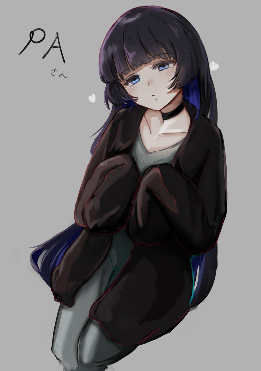 1girl absurdres bangs black_cardigan black_choker black_hair blue_eyes blunt_bangs bocchi_the_rock! cardigan chin_piercing choker colored_inner_hair dress gothic grey_background grey_dress head_tilt heart highres hime_cut kowai7305 long_dress long_hair looking_at_viewer multicolored_hair open_cardigan open_clothes pa-san sitting sleeves_past_fingers sleeves_past_wrists