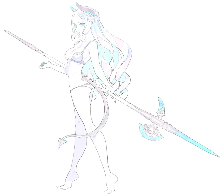 1girl ass bare_arms bare_legs barefoot blue_eyes blue_hair bra braid breasts closed_mouth colored_inner_hair demon_horns demon_tail enkyo_yuuichirou french_braid from_side full_body halberd highres holding holding_polearm holding_weapon horns long_hair looking_at_viewer looking_to_the_side medium_breasts multicolored_hair original pale_color panties pink_hair polearm simple_background solo tail tiptoes underwear underwear_only very_long_hair walking weapon white_background white_bra white_panties
