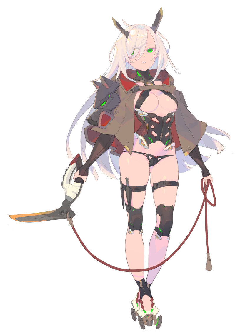 1girl arms_at_sides bangs black_panties blade_horns breasts brown_capelet capelet enkyo_yuuichirou green_eyes hair_over_one_eye highres holding holding_weapon horns knee_pads kusarigama_(enkyo_yuuichirou) long_hair looking_at_viewer medium_breasts original panties parted_lips simple_background solo standing thigh_strap underwear weapon white_background white_hair