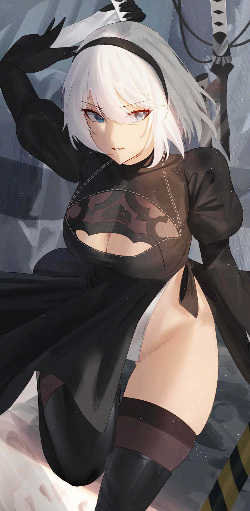 1girl absurdres arm_up ass_visible_through_thighs black_dress black_gloves blue_eyes boots breasts brown_thighhighs cleavage cleavage_cutout clothing_cutout dea dress gloves hairband highres holding holding_sword holding_weapon juliet_sleeves large_breasts leg_up leotard leotard_under_clothes long_sleeves looking_to_the_side mole mole_under_mouth nier_(series) nier_automata parted_lips puffy_sleeves short_hair side_slit skindentation solo sword thigh_boots thighhighs thighs weapon weapon_on_back white_hair white_leotard wide_hips yorha_no._2_type_b