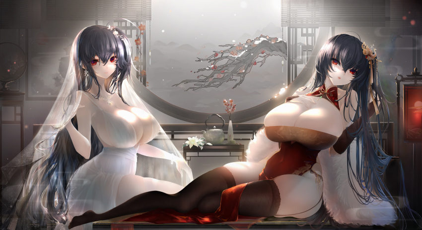 2girls ahoge azur_lane bangs black_garter_straps black_gloves black_hair black_thighhighs branch breasts bridal_gauntlets bursting_breasts center_opening china_dress chinese_clothes chinese_commentary cleavage cocktail_dress crossed_bangs dress earrings evening_gown feather_boa flower framed_breasts from_side full_body gigantic_breasts gloves hair_ornament hand_on_own_chest highres huge_breasts indoors isy jewelry long_hair low_neckline lying multiple_girls necklace official_alternate_costume on_side pelvic_curtain plunging_neckline red_dress red_eyes satin_dress see-through see-through_dress side_slit skindentation sleeveless sleeveless_dress taihou_(azur_lane) taihou_(phoenix's_spring_song)_(azur_lane) taihou_(temptation_on_the_sea_breeze)_(azur_lane) teapot thighhighs very_long_hair wedding_dress white_dress white_flower white_veil