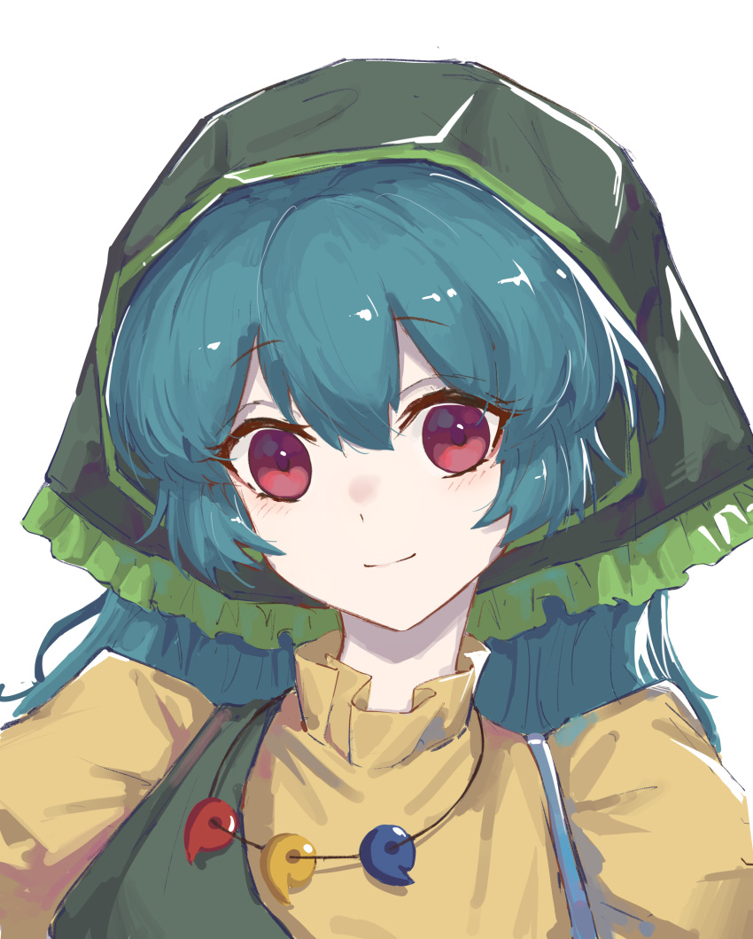 1girl absurdres apron bangs blue_hair closed_mouth dress frilled_scarf green_apron green_headwear haniyasushin_keiki head_scarf highres huangyou jewelry long_hair magatama magatama_necklace necklace puffy_sleeves purple_eyes single_strap smile solo touhou upper_body very_long_hair yellow_dress