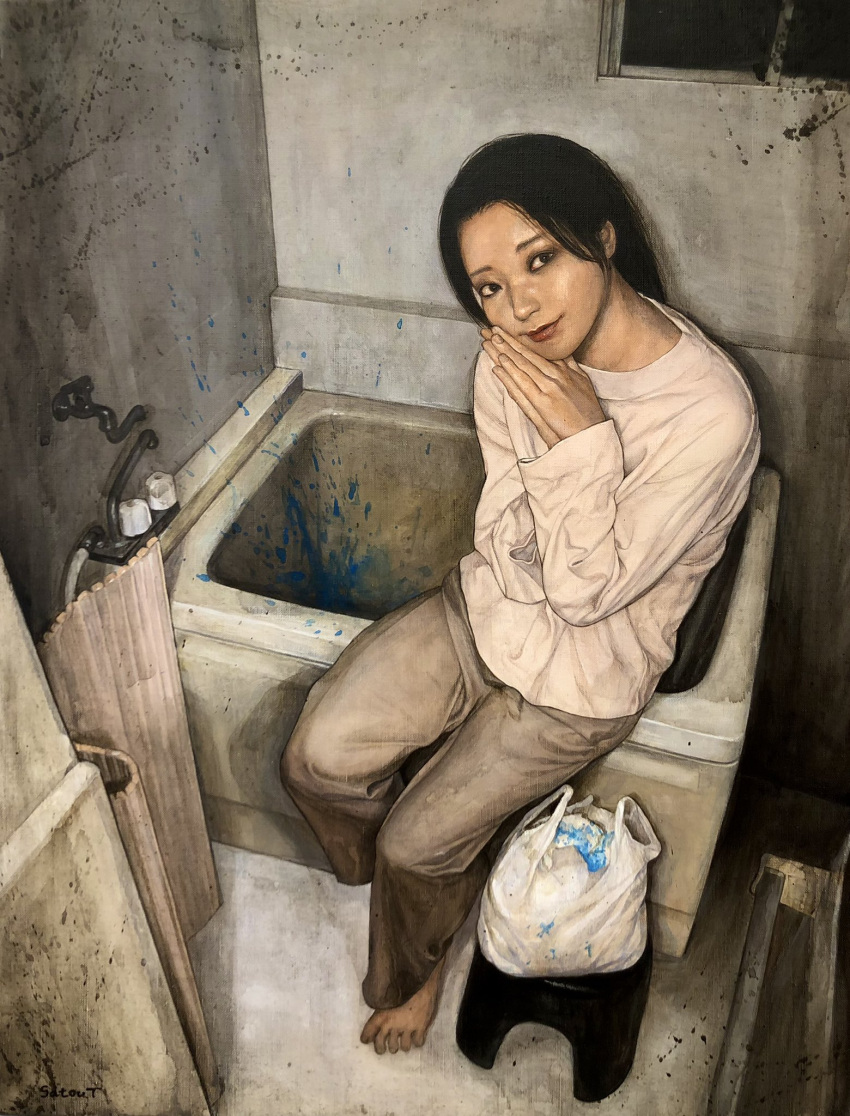 1girl acrylic_paint_(medium) bag barefoot bath_stool bathroom bathtub black_eyes black_hair commentary_request full_body grey_pants highres indoors long_sleeves medium_hair original own_hands_clasped own_hands_together paint_stains painting_(medium) pants plastic_bag realistic satou_t shirt sitting smile solo stool traditional_media white_shirt
