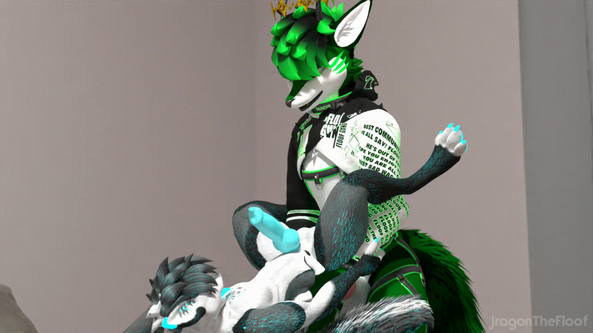animated anthro belly_inflation blue_penis blue_tongue canid canine canis clothing collar crown dragon duo electricity electricity_manipulation elemental_manipulation genitals god_of_thunder green_body green_eyes green_hair hair headgear hi_res hoodie horn hybrid inflation jewelry jragon king knot knotting lightning_bolt male male/male mammal necklace neon_green penis raishin royalty spikes thunder tongue topwear wolf