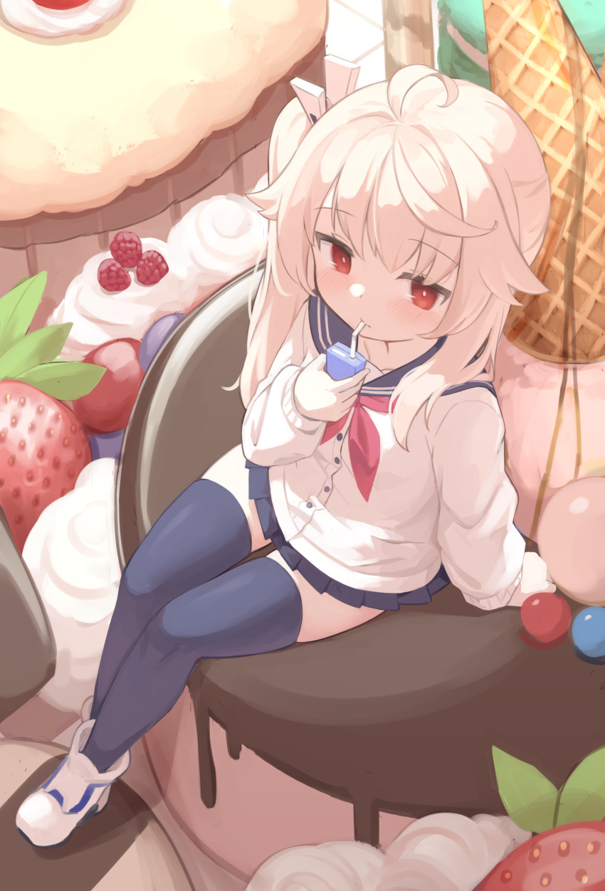 1girl absurdres ahoge bangs black_skirt black_thighhighs blue_archive cake commentary drinking drinking_straw drinking_straw_in_mouth food fruit full_body highres ice_cream_cone in_food juice_box klaius light_blush long_hair long_sleeves miniskirt natsu_(blue_archive) oversized_food pleated_skirt raspberry red_eyes sailor_collar side_ponytail sitting skirt solo strawberry sweets thighhighs white_hair