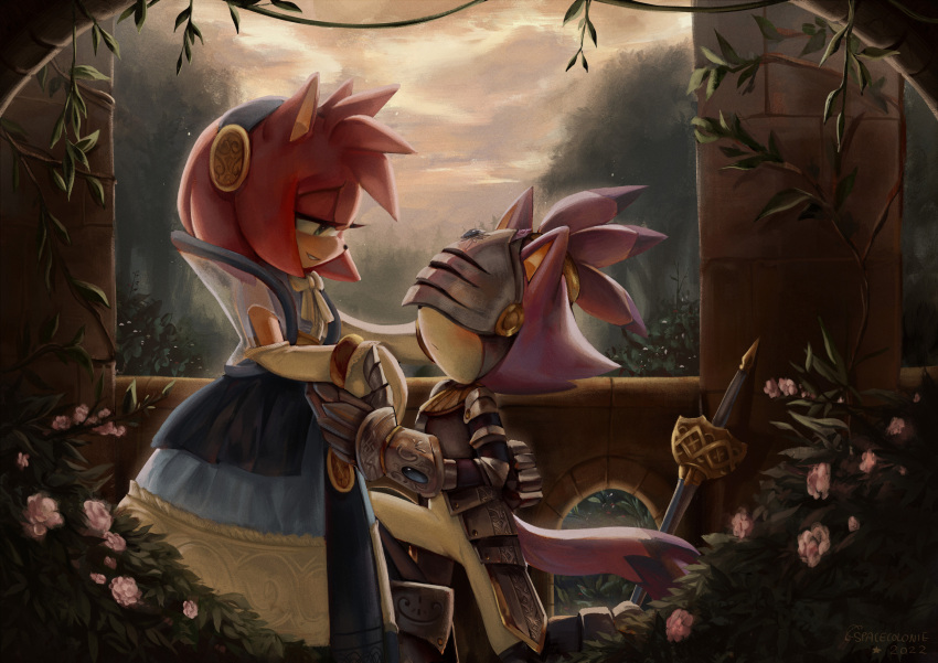 2girls amy_rose animal_nose armor blaze_the_cat blue_hairband closed_mouth dress flower furry furry_female hairband hand_on_another's_face highres holding_hands light_blush multiple_girls one_knee rose smile sonic_(series) sonic_and_the_black_knight spacecolonie sword tail weapon yuri