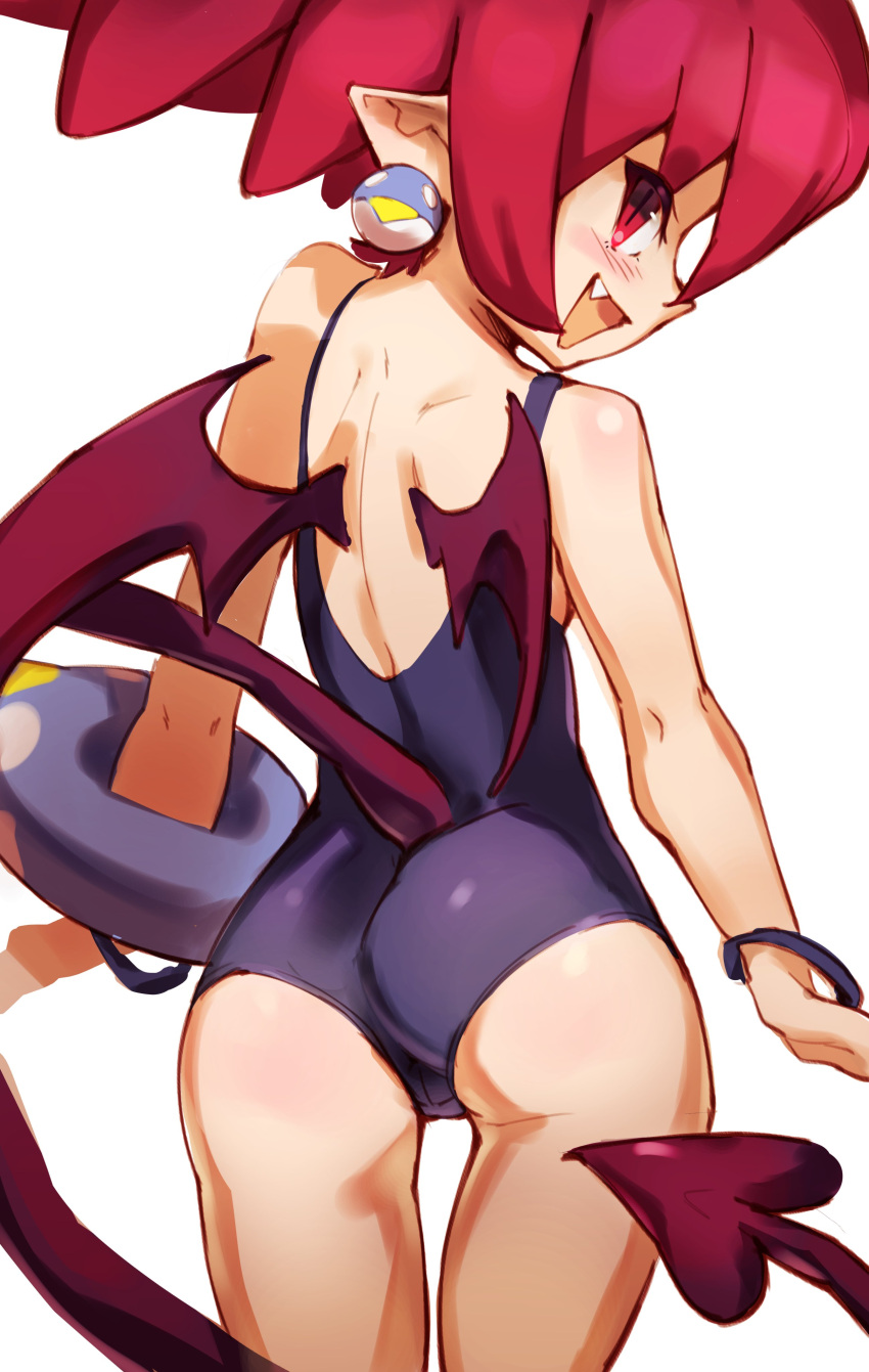 1girl absurdres ass back blue_one-piece_swimsuit bracelet cameltoe commentary covered_anus demon_girl demon_tail demon_wings disgaea earrings english_commentary etna_(disgaea) fang from_behind highres jewelry looking_back one-piece_swimsuit open_mouth penguru_086 pink_eyes pink_hair prinny simple_background slit_pupils solo swimsuit tail thigh_gap thighs white_background wings