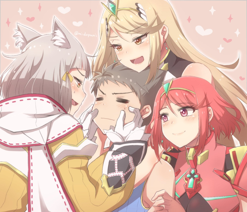 1boy 3girls animal_ears arm_hug blonde_hair blush cat_ears cheek_pinching chest_jewel gloves grey_hair hands_on_another's_face harem heart highres hug hug_from_behind longerthan multiple_girls mythra_(xenoblade) nia_(xenoblade) pinching polygamy pyra_(xenoblade) red_hair rex_(xenoblade) short_hair smile tiara white_gloves xenoblade_chronicles_(series) xenoblade_chronicles_2