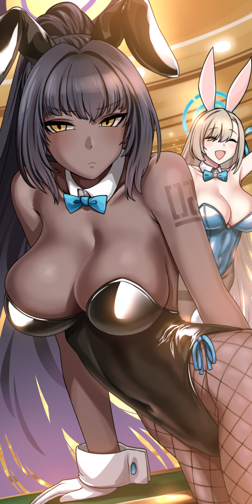 2girls ^_^ ^o^ absurdres animal_ears asuna_(blue_archive) asuna_(bunny)_(blue_archive) bangs bare_shoulders black_hair black_pantyhose blonde_hair blue_archive blush bow bowtie breasts cleavage closed_eyes covered_navel dark-skinned_female dark_skin detached_collar fishnet_pantyhose fishnets halo highres jazz_jack karin_(blue_archive) karin_(bunny)_(blue_archive) long_hair looking_at_viewer multiple_girls open_mouth pantyhose playboy_bunny ponytail rabbit_ears tattoo thighband_pantyhose very_long_hair white_background wrist_cuffs yellow_eyes