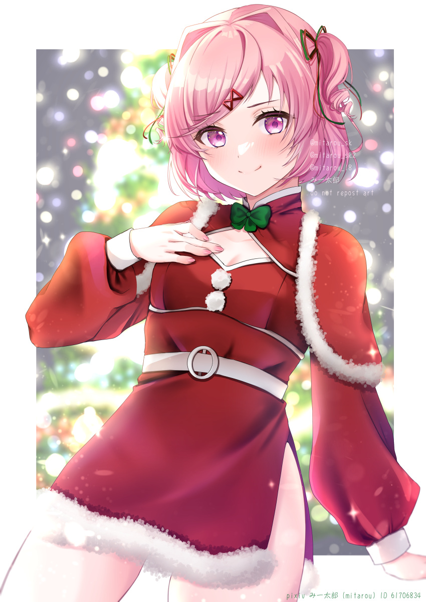 1girl absurdres alternate_costume artist_name bangs belt blurry blurry_background blush border bow bowtie breasts capelet christmas christmas_tree closed_mouth collarbone doki_doki_literature_club dress drill_hair fingernails fur_trim green_bow green_bowtie grey_belt grey_sky hair_bow hair_ornament hairpin hand_on_own_chest hand_up highres large_breasts lights long_fingernails long_sleeves looking_at_viewer mandarin_collar medium_breasts mi_tarou0412 nail_polish natsuki_(doki_doki_literature_club) night night_sky outdoors outside_border pink_eyes pink_hair pink_nails pom_pom_(clothes) puffy_long_sleeves puffy_sleeves red_bow red_capelet red_dress short_hair sky smile solo sparkle standing two_side_up watermark white_border
