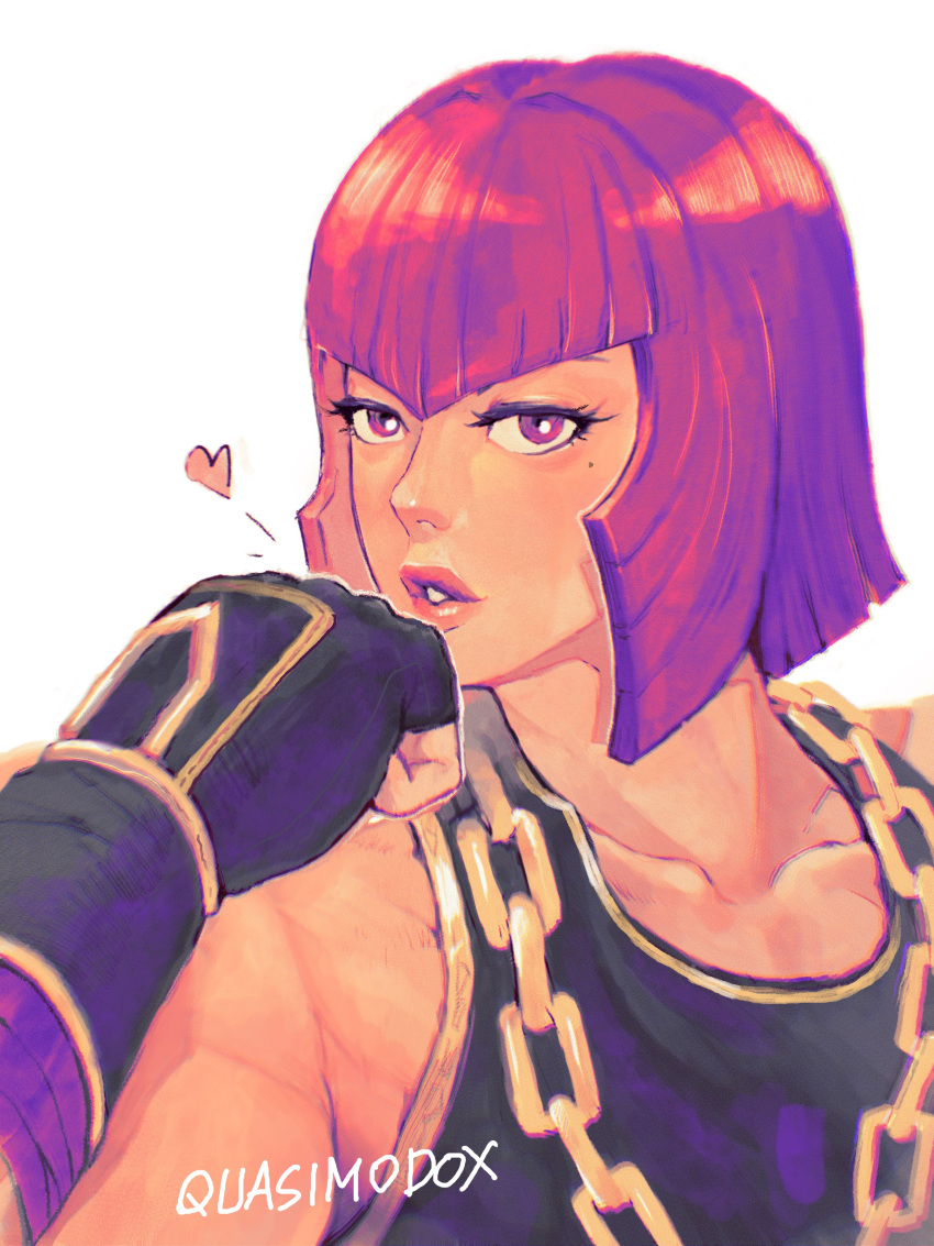 1girl absurdres artist_name chain chain_necklace collarbone gold_chain heart highres jewelry kiss kissing_own_fist marisa_(street_fighter) muscular muscular_female necklace quasimodox red_hair short_hair simple_background solo street_fighter street_fighter_6 upper_body