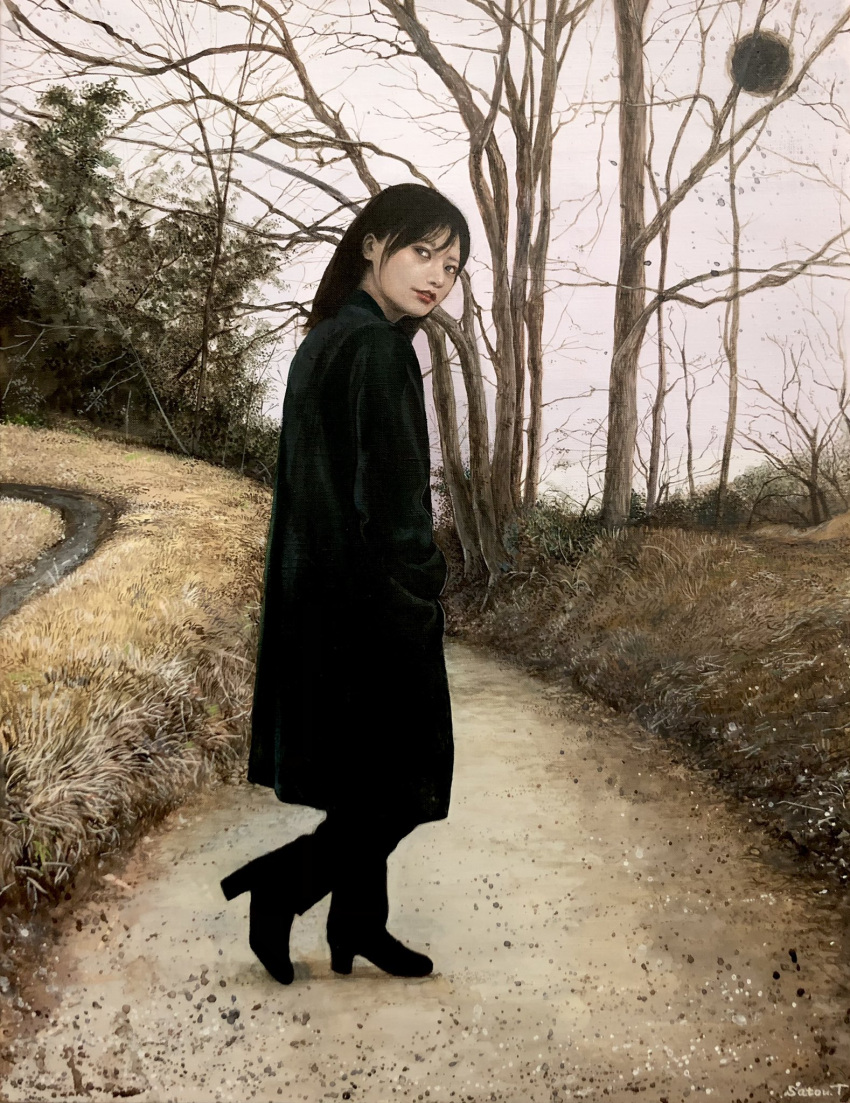 1girl acrylic_paint_(medium) black_coat black_eyes black_footwear black_hair boots coat commentary_request full_body grey_sky hands_in_pockets high_heel_boots high_heels highres looking_back medium_hair nature original outdoors overcast painting_(medium) parted_lips path realistic satou_t solo traditional_media tree