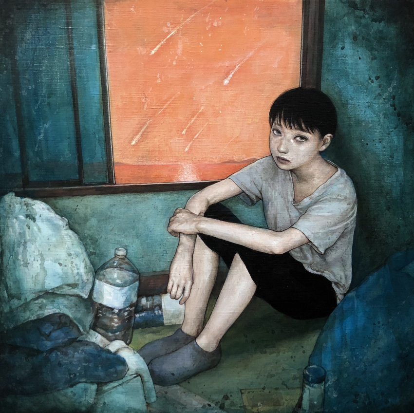 1other acrylic_paint_(medium) album_cover androgynous bag black_hair black_shorts bottle commentary_request cover expressionless full_body grey_eyes grey_socks highres indoors knees_up looking_at_viewer messy_room orange_sky original painting_(medium) plastic_bottle realistic satou_t shirt shooting_star short_hair shorts sitting sky socks t-shirt traditional_media white_shirt window