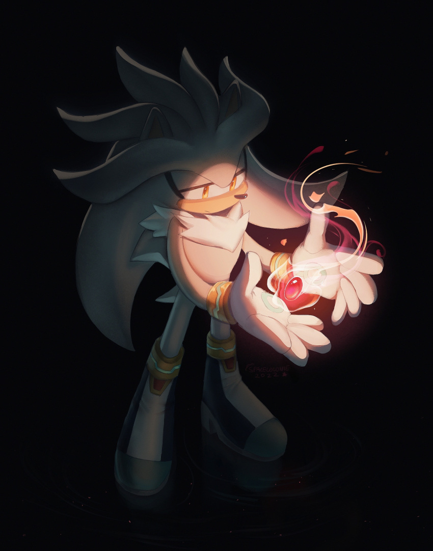 1boy absurdres animal_nose black_background boots closed_mouth dark furry furry_male gem gloves highres male_focus orange_eyes sad silver_the_hedgehog simple_background solo sonic_(series) spacecolonie white_gloves