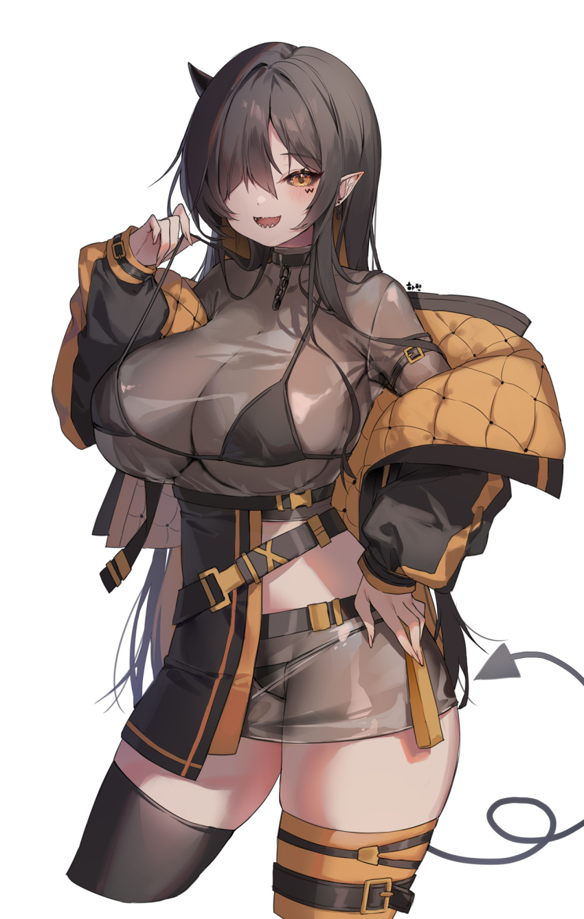 1girl :d arm_belt belt bikini bikini_over_clothes black_bikini black_choker black_hair black_jacket black_thighhighs breasts brown_shirt choker cleavage colored_inner_hair crop_top cropped_legs grey_skirt hair_over_one_eye hand_on_hip hand_up highres horns jacket large_breasts long_hair long_sleeves looking_at_viewer midriff miniskirt multicolored_hair off_shoulder open_clothes open_jacket open_mouth orange_eyes orange_thighhighs original pointy_ears pulled_by_self see-through sharp_teeth shiny_clothes shiro_albino shirt single_horn skirt smile solo strap_pull string_bikini swimsuit teeth thigh_strap thighhighs thighs very_long_hair