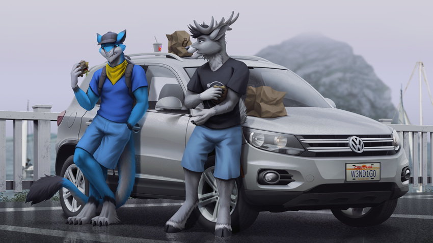 anthro antlers black_claws black_clothing black_hair black_hooves black_sclera black_shirt black_t-shirt black_topwear blue_body blue_bottomwear blue_clothing blue_eyes blue_fur blue_pants blue_shirt blue_t-shirt blue_topwear bottomwear burger car cereus93 cheek_tuft claws clothed clothing deer duo facial_tuft food fur grey_antlers grey_body grey_fur hair hand_in_pocket holding_burger holding_food holding_object hooves horn leaning leaning_back male mammal neck_tuft outside pants pockets sergal shirt short_hair standing t-shirt topwear tuft vehicle volkswagen white_body white_fur