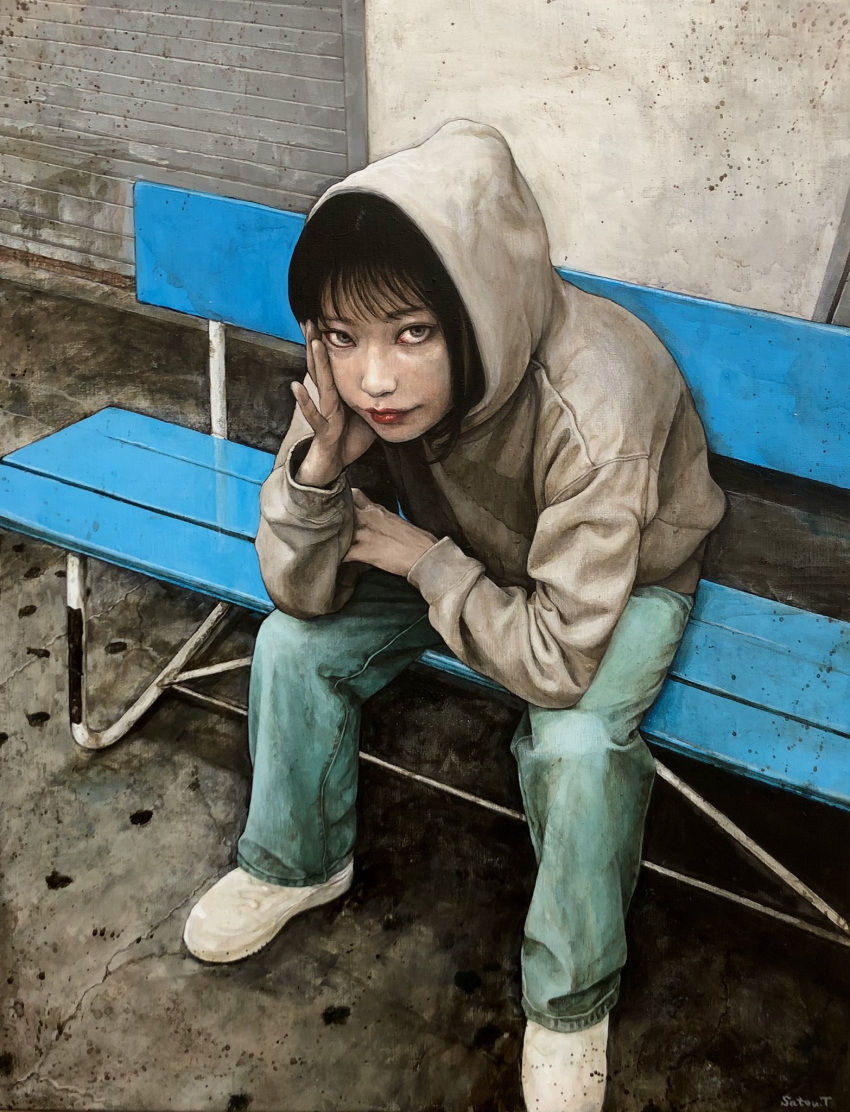 1girl acrylic_paint_(medium) bench black_hair commentary_request denim expressionless full_body grey_eyes grey_hoodie head_rest highres hood hood_up hoodie jeans looking_at_viewer original outdoors painting_(medium) pants realistic satou_t shoes sitting sneakers solo traditional_media white_footwear