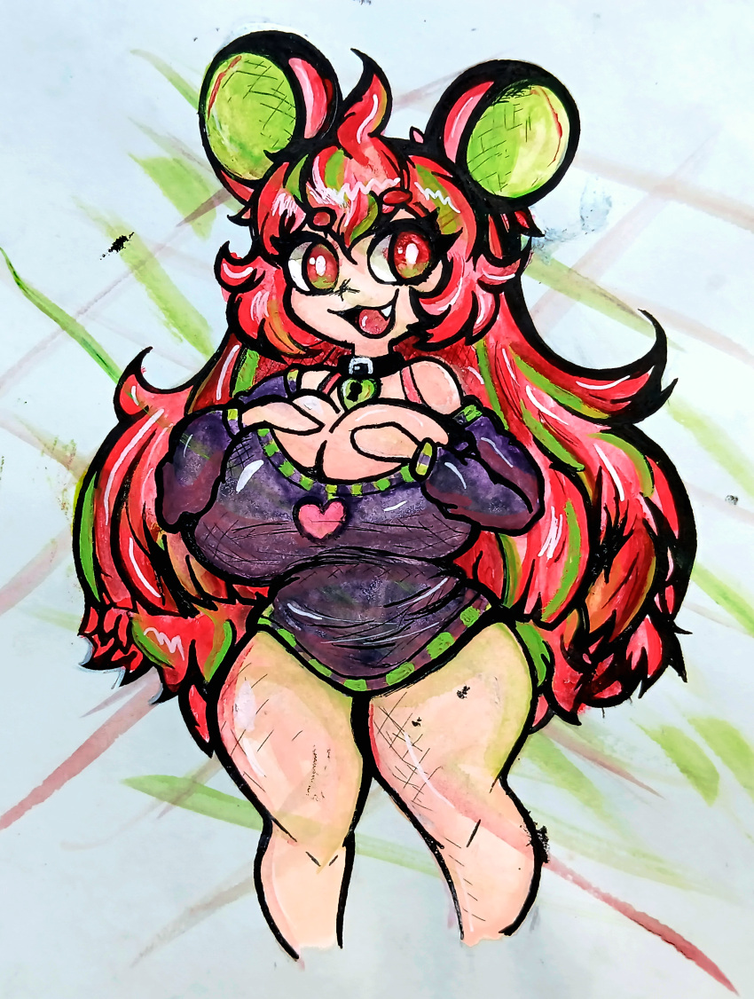absurd_res big_breasts breasts clothing collar female gouache_(artwork) green_highlights hair heart_collar hi_res highlights_(coloring) huge_breasts humanoid mammal mouse murid murine painting_(artwork) red_eyes red_hair rodent solo sweater thick_thighs topwear traditional_media_(artwork)