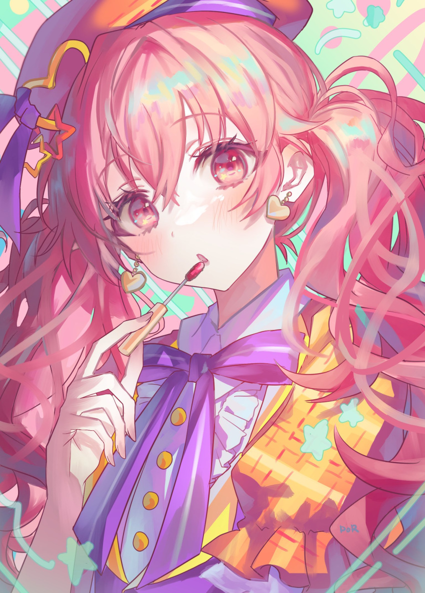 1girl bangs beret bow bowtie buttons earrings fingernails frills hat heart highres holding jewelry lipstick long_hair makeup momoi_airi official_alternate_hairstyle open_mouth pink_eyes pink_hair por_(_por_tt) project_sekai purple_ribbon ribbon solo star_(symbol) twintails