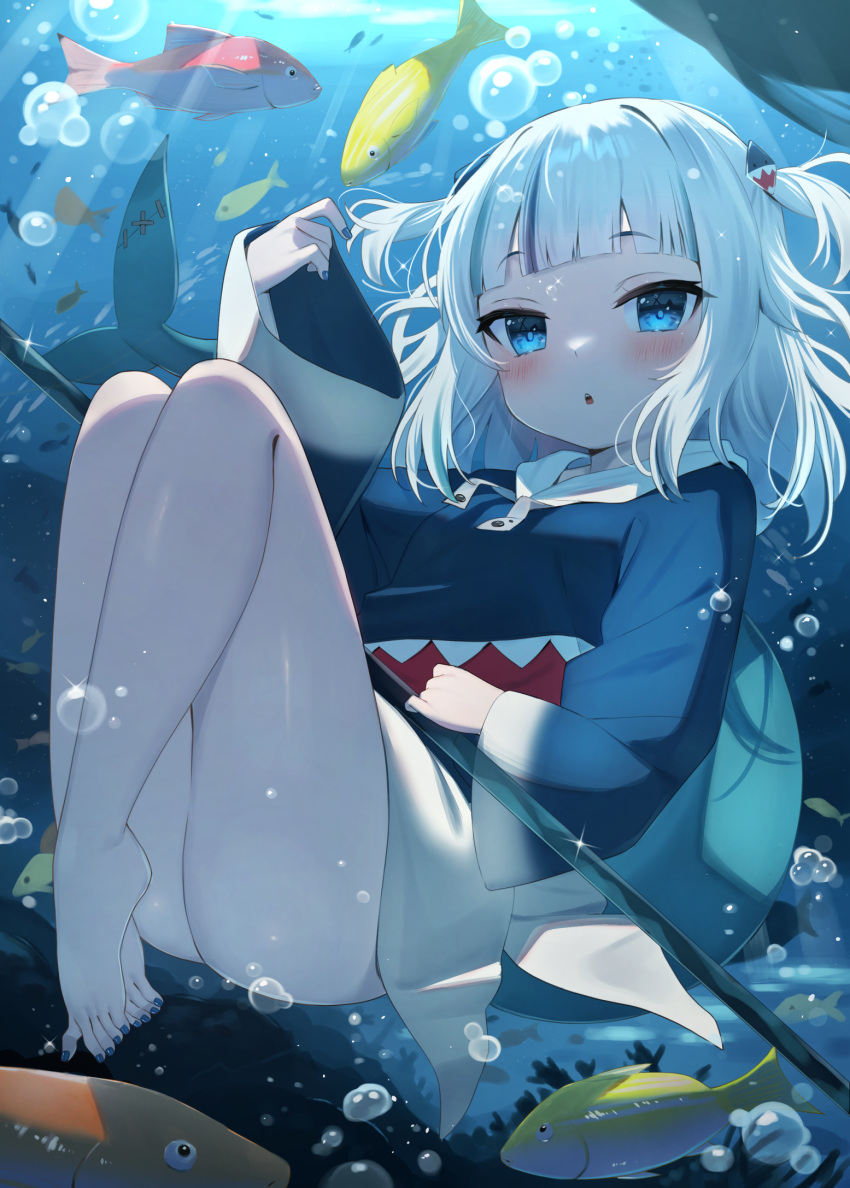 1girl air_bubble animal animal_hood ass bangs bare_legs barefoot blue_eyes blue_hair blue_hoodie blue_nails blush bubble commentary fish fish_tail full_body gawr_gura hair_ornament highres hololive hololive_english hood hood_down hoodie knees_up long_sleeves looking_at_viewer multicolored_hair nail_polish parted_lips polearm shark_girl shark_hair_ornament shark_hood shark_tail solo streaked_hair tail toenail_polish toenails tsukiman two_side_up underwater virtual_youtuber water weapon white_hair wide_sleeves