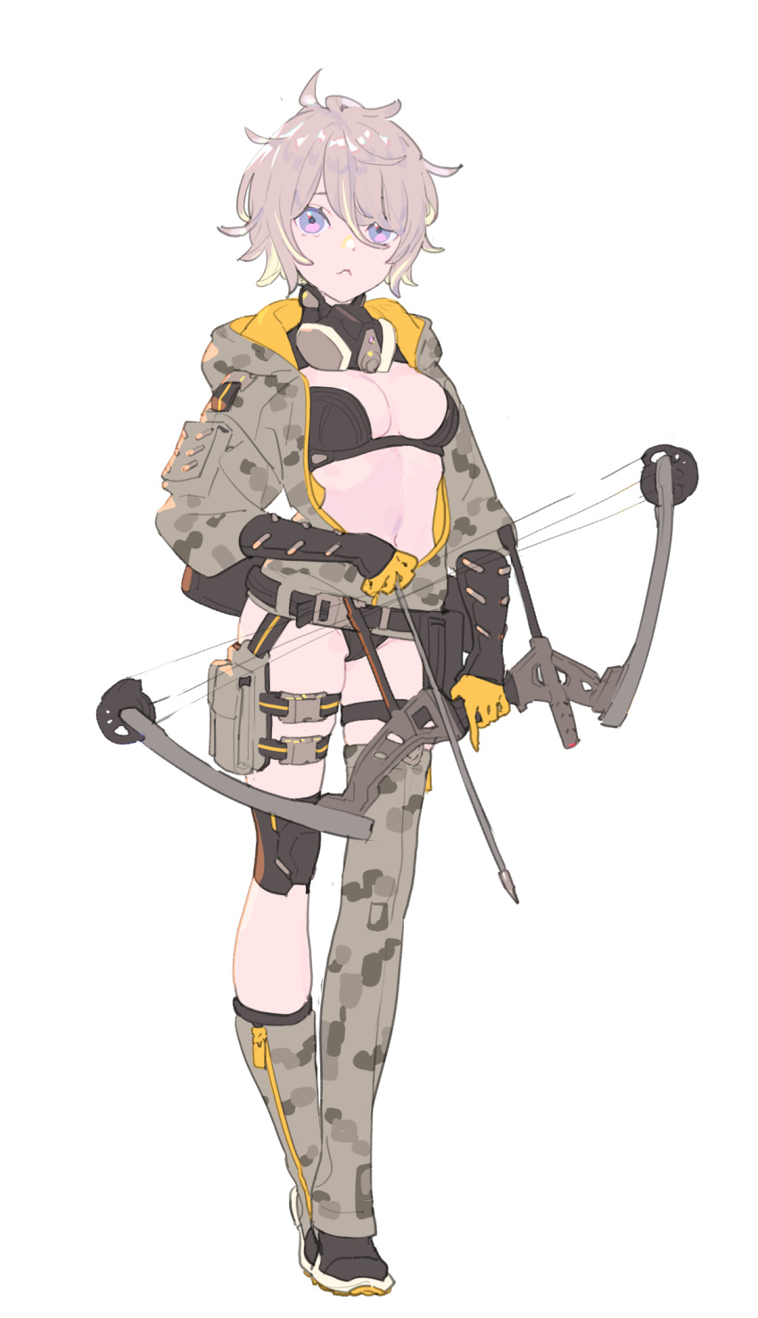 1girl asymmetrical_pants bangs bikini black_bikini black_footwear black_jacket bow_(weapon) breasts camouflage cleavage closed_mouth commentary_request compound_bow desert_camouflage detached_pants enkyo_yuuichirou eyebrows_hidden_by_hair gloves grey_hair hair_between_eyes highres holding holding_bow_(weapon) holding_weapon hood hood_down hooded_jacket jacket long_sleeves mask mask_around_neck medium_breasts multicolored_hair navel open_clothes open_jacket original puffy_long_sleeves puffy_sleeves purple_eyes red_gloves red_hair respirator shoes solo swimsuit two-tone_hair weapon