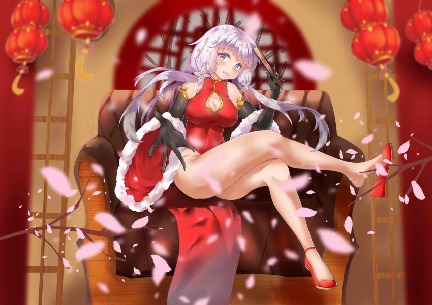 1girl absurdres alternate_costume azur_lane bare_legs breasts china_dress chinese_clothes chinese_new_year cleavage cleavage_cutout clothing_cutout crossed_legs dress elbow_gloves full_body gloves highres illustrious_(azur_lane) lantern looking_at_viewer outstretched_arm routi_liyun shoes sitting sleeveless sleeveless_dress tri_tails white_hair