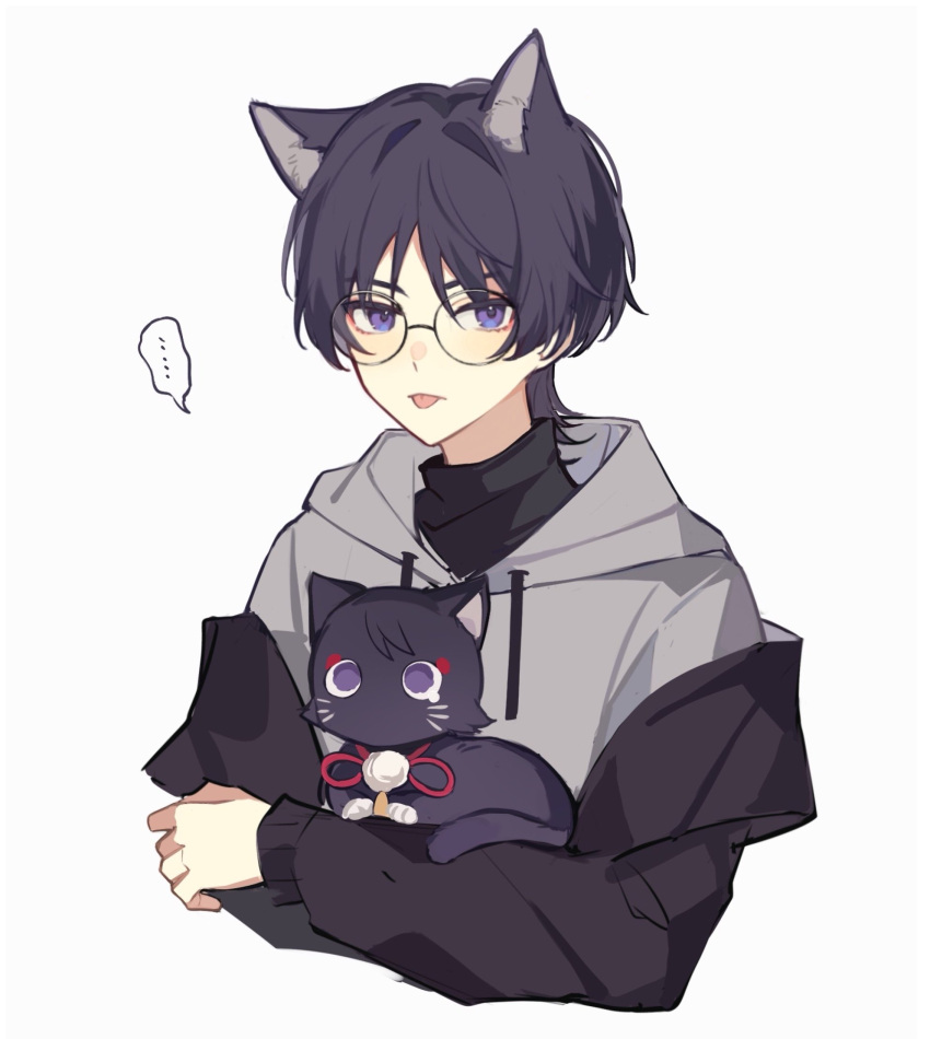 ... 1boy alternate_costume animal animal_ear_fluff animal_ears bangs black_jacket black_sweater blush cat cat_ears closed_mouth drawstring genshin_impact glasses grey_hoodie hair_between_eyes hand_up highres hood hood_down hoodie jacket jewelry kemonomimi_mode long_sleeves looking_at_another looking_at_viewer looking_up makeup necklace no_headwear no_mouth open_clothes open_jacket parted_bangs pink_ribbon pom_pom_(clothes) puffy_long_sleeves puffy_sleeves purple_cat purple_eyes purple_hair red_eyeliner reido_0723 ribbon round_eyewear scaramouche_(cat)_(genshin_impact) scaramouche_(genshin_impact) short_hair simple_background sitting sitting_on_person speech_bubble spoken_ellipsis sweater tongue tongue_out turtleneck turtleneck_sweater upper_body v-shaped_eyebrows white_background