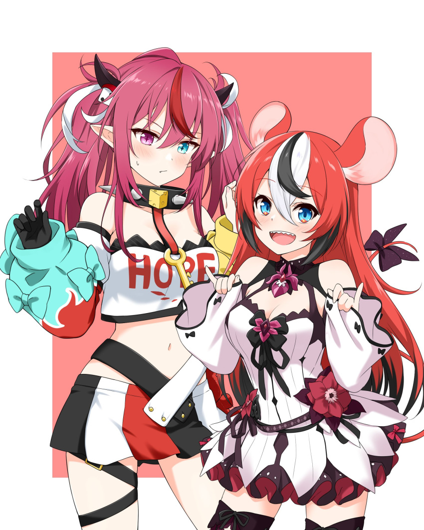 2girls absurdres animal_ears bangs black_hair blue_eyes blush breasts cleavage cosplay costume_switch dress felutiahime hair_ornament hakos_baelz heterochromia highres hololive hololive_english horns irys_(hololive) long_hair looking_at_viewer midriff miniskirt mouse_ears mouse_girl mouse_tail multicolored_hair multiple_girls navel pointy_ears purple_eyes purple_hair red_hair skirt streaked_hair tail twintails very_long_hair virtual_youtuber white_hair