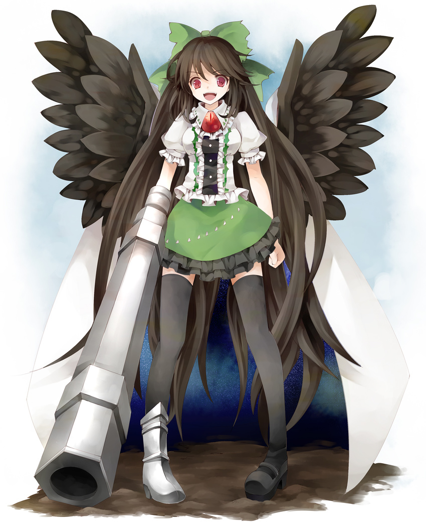 alternate_weapon arm_cannon asymmetrical_clothes bad_id bad_pixiv_id bow brown_hair eyes green_bow hair_bow highres long_hair mismatched_footwear red_eyes reiuji_utsuho ringpearl solo thighhighs touhou weapon wings